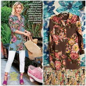 Soft Surroundings Scattered Roses Floral Print Tunic Tab Sleeves Pockets Small